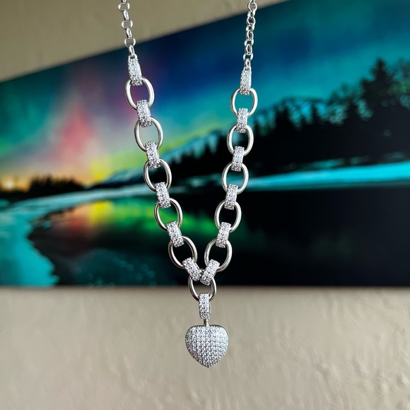 Platinum plated Clear cubic zirconia rhinestone cz heart silver valentine choker - Picture 2 of 11